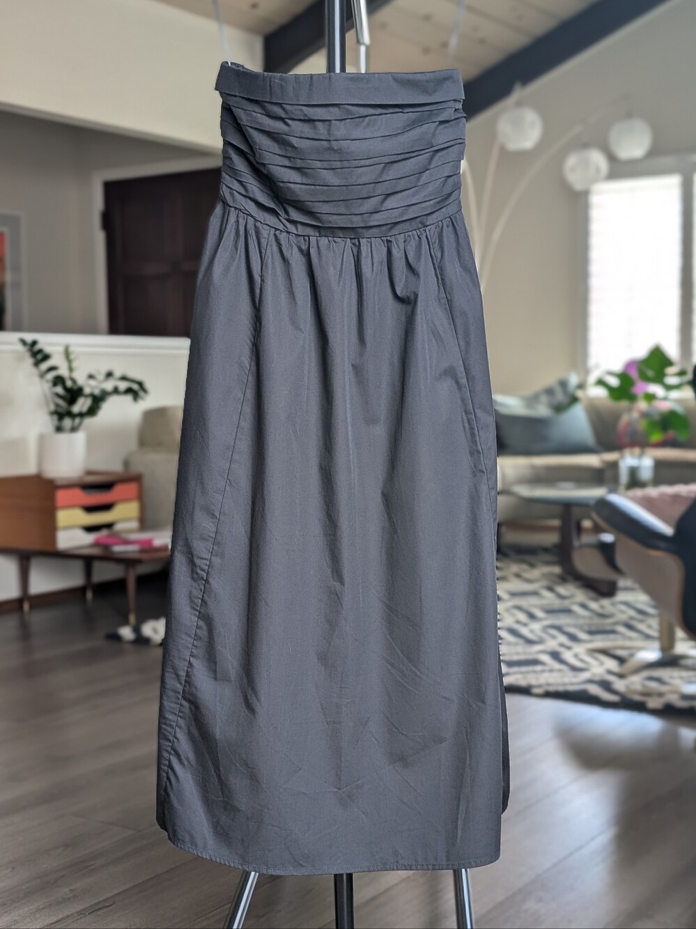 Abercrombie & Fitch Black Cotton Poplin Strapless Draped Bodice Midi Dress Sz SP